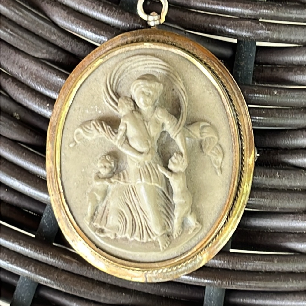 Antique lava cameo of mother & three children pin/pendent
